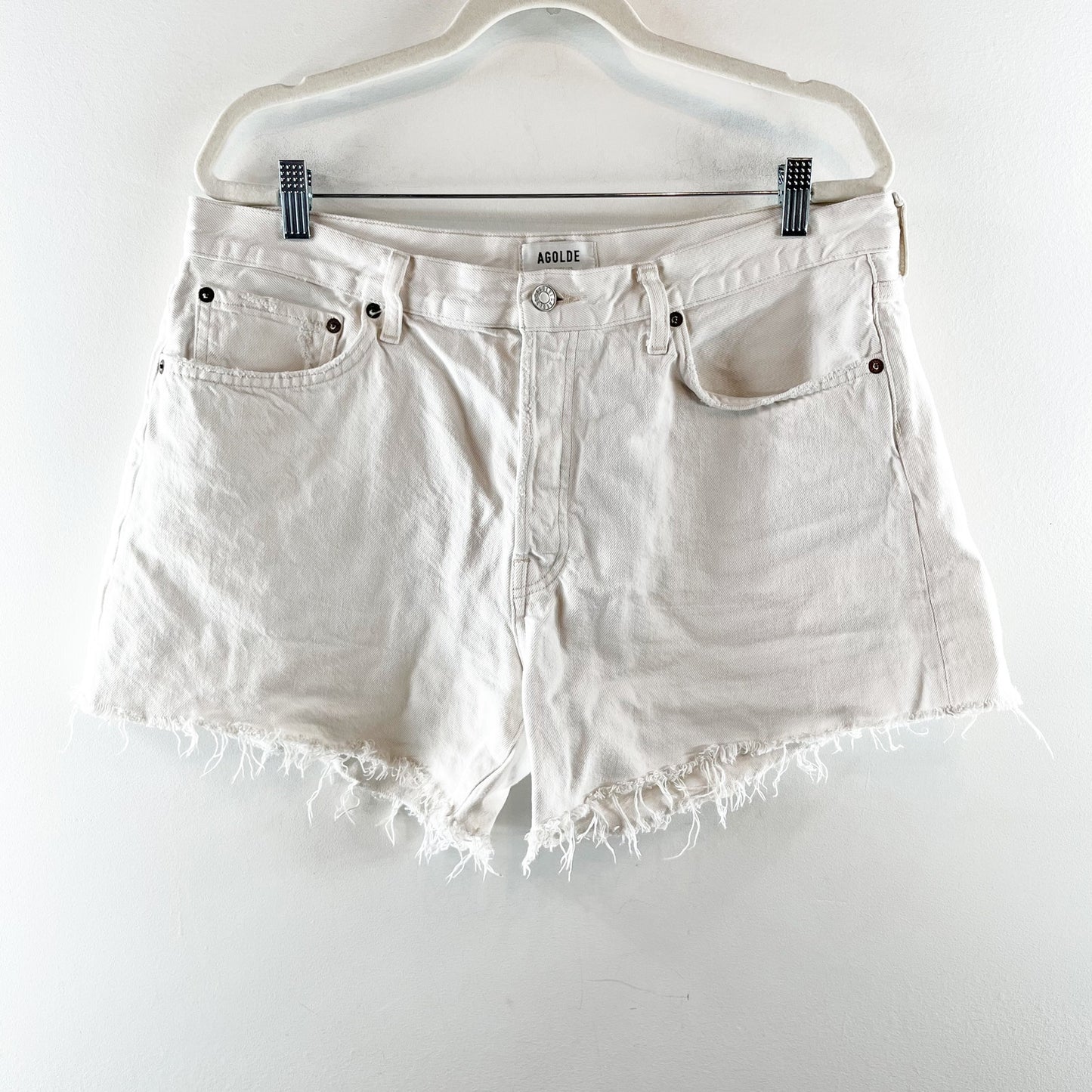 AGOLDE Parker Long Button Fly Organic Cotton Cutoff Jean Shorts White 32