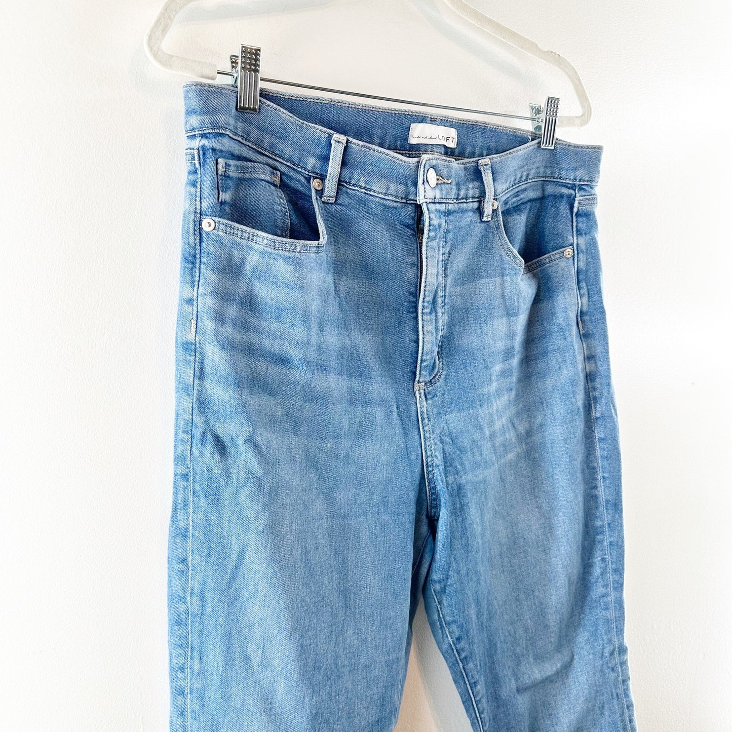 LOFT The High Rise Slim Flare Raw Hem Jeans Blue 14 / 32