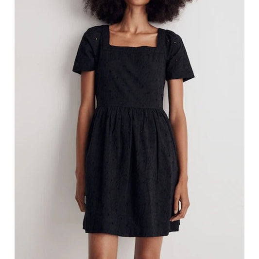 Madewell Allie Square Neck Short Sleeve Cotton Eyelet Mini Dress Black Medium