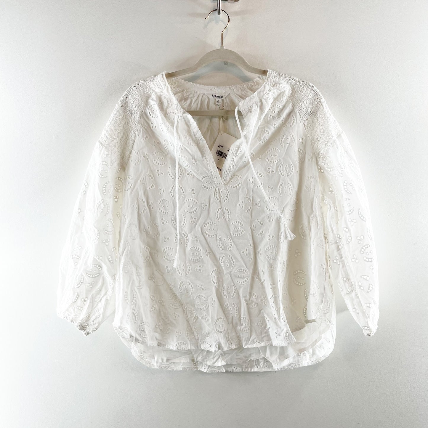 Splendid Taylor Eyelet Keyhole Neck Puff Sleeve Blouse Top White Large