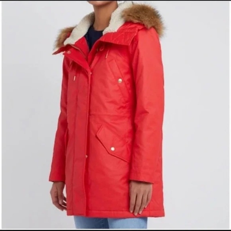 J. Crew Perfect Winter Parka Coat Jacket Faux Fur Trim Hood Red XXS