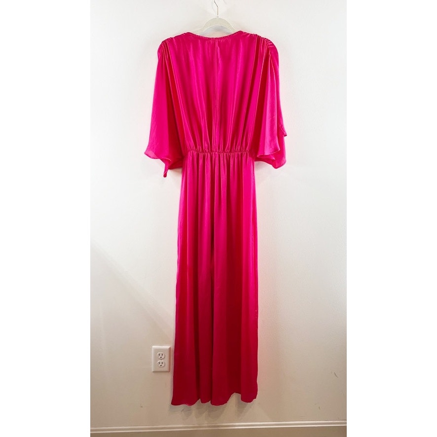 Zara Plunging V-Neck Pleated Wide Leg Buckle Jumpsuit Hot Pink Medium