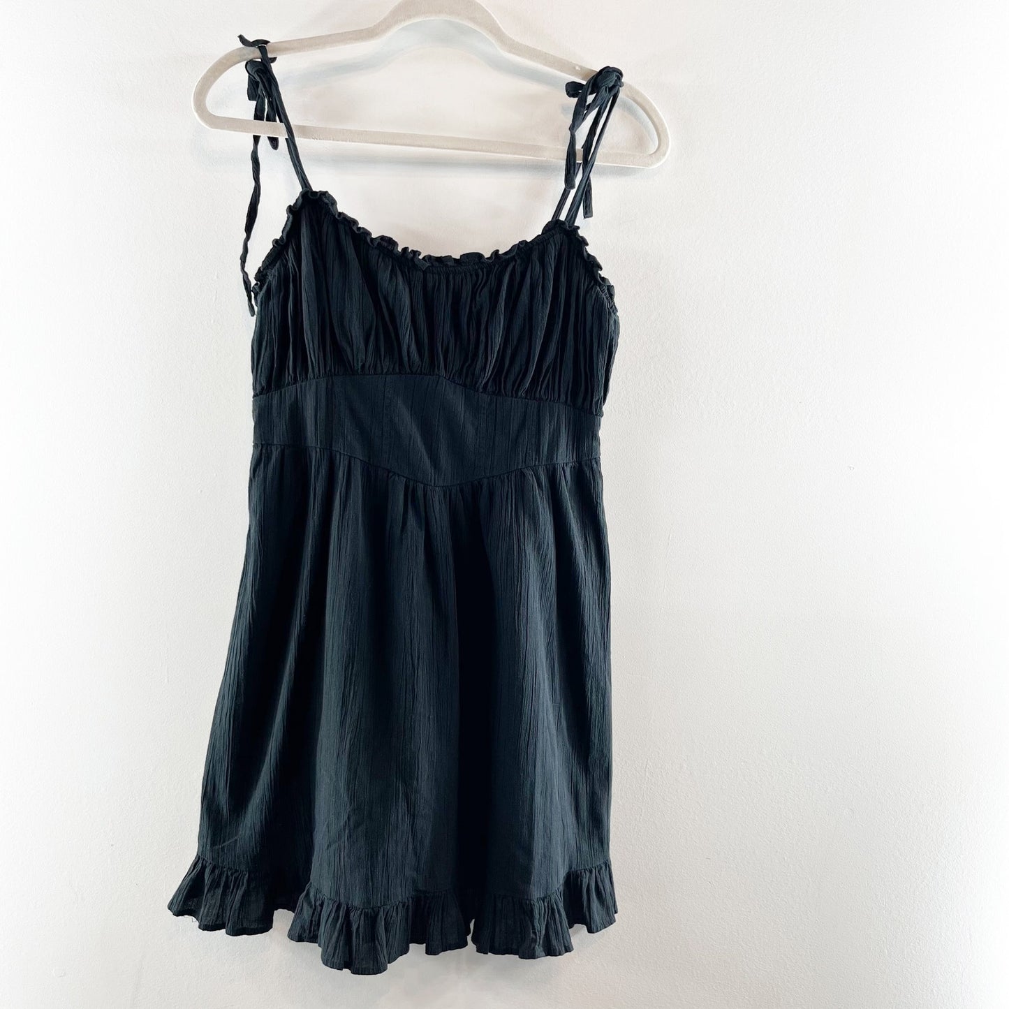 Aerie Tie Spaghetti Straps Ruffle Hem Cotton Mini Dress Black Medium