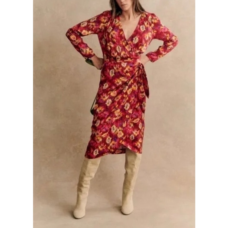 Sezane Long Sleeve V Neck Floral Wrap Midi Dress Pink Red 38 / US 6