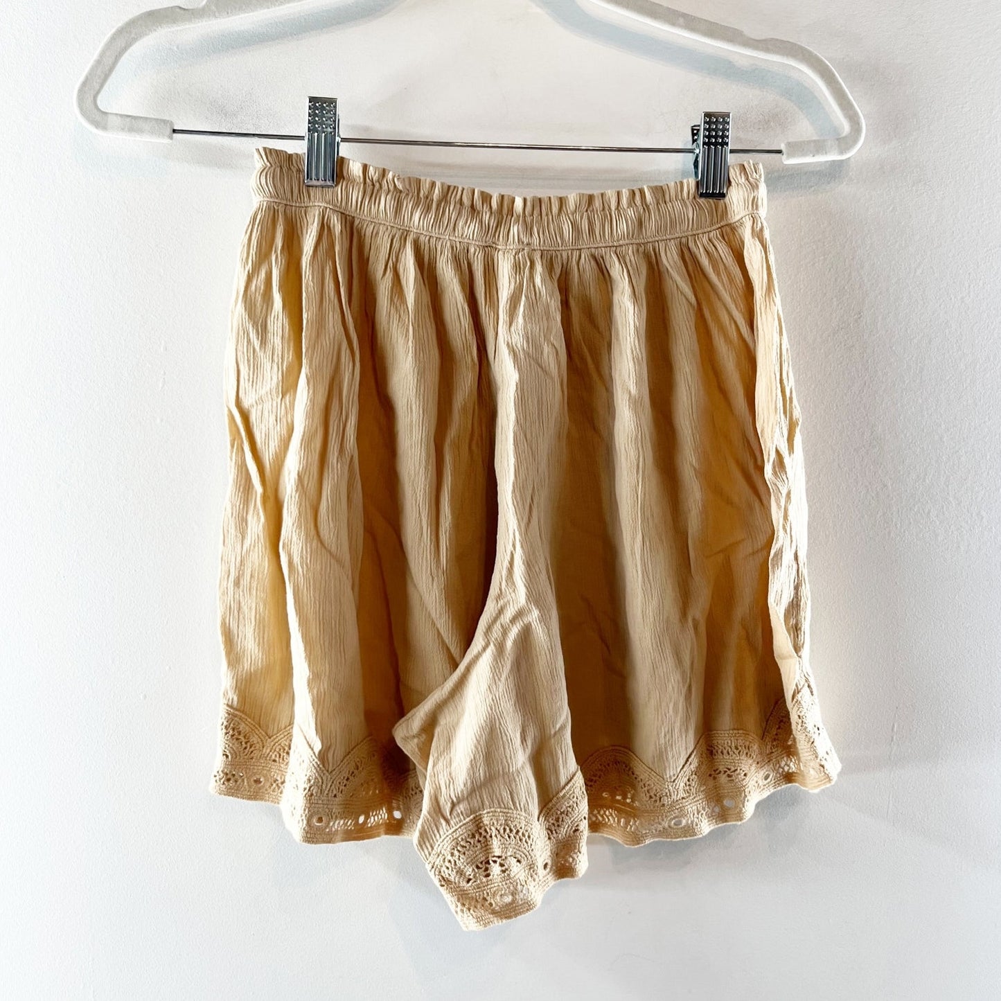 Aerie Off Duty Gauze Boxer Crochet Lace Trim Shorts Koko Brown Tan Beige XS