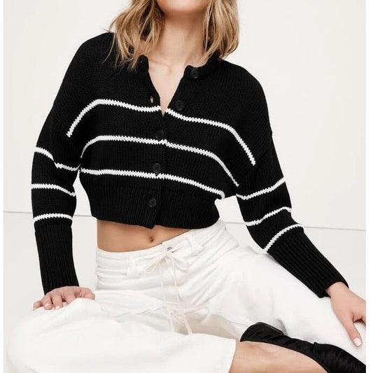 Banana Republic Cotton Cropped Striped Cardigan Sweater Black White Large