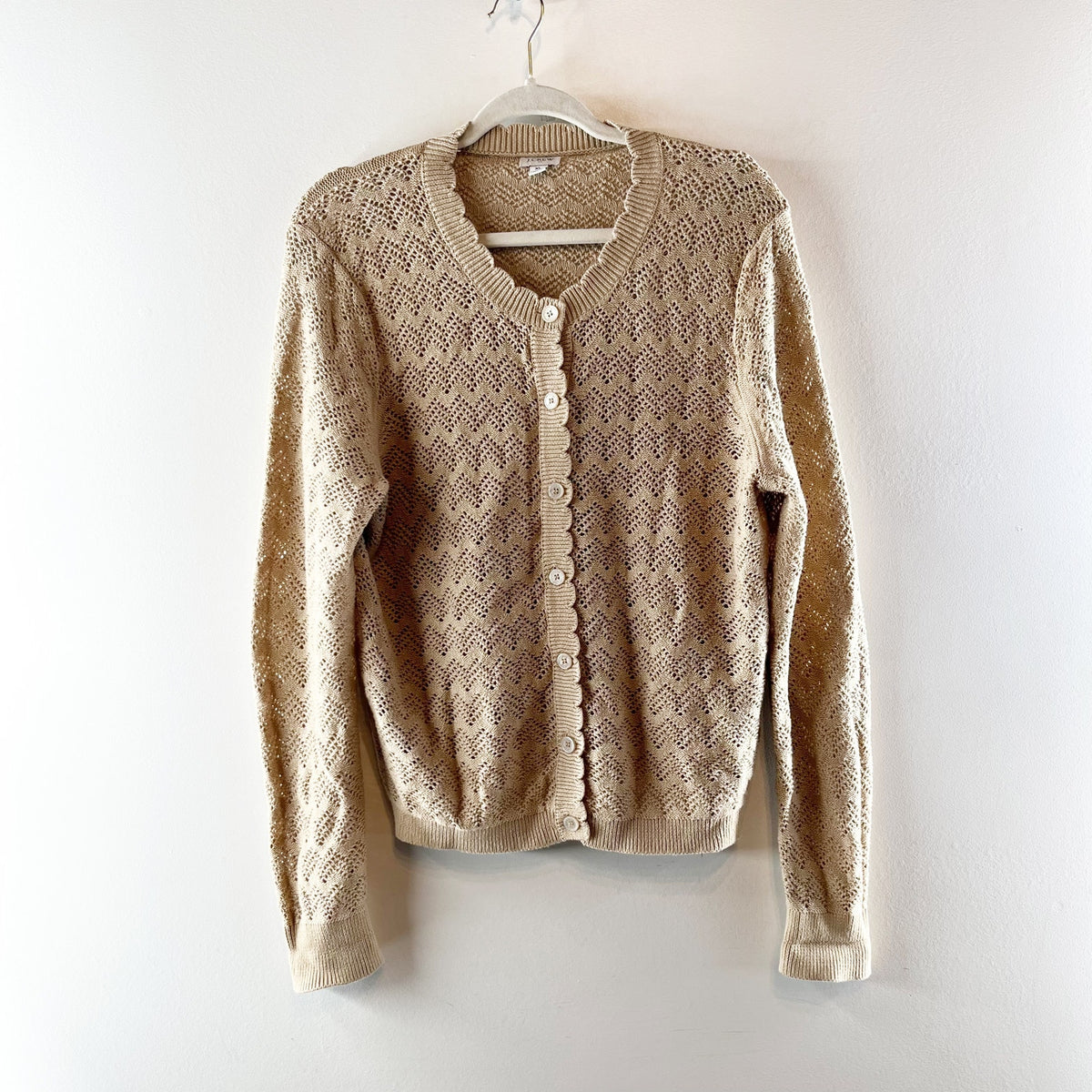 J. Crew Scalloped Pointelle Knit Cardigan Sweater Tan Beige XL