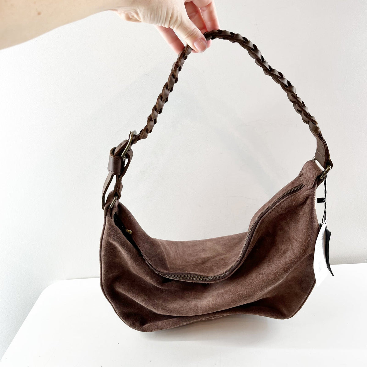 Parker Clay Slouchy Crescent-Shaped Brown Suede Hobo Shoulder Handbag