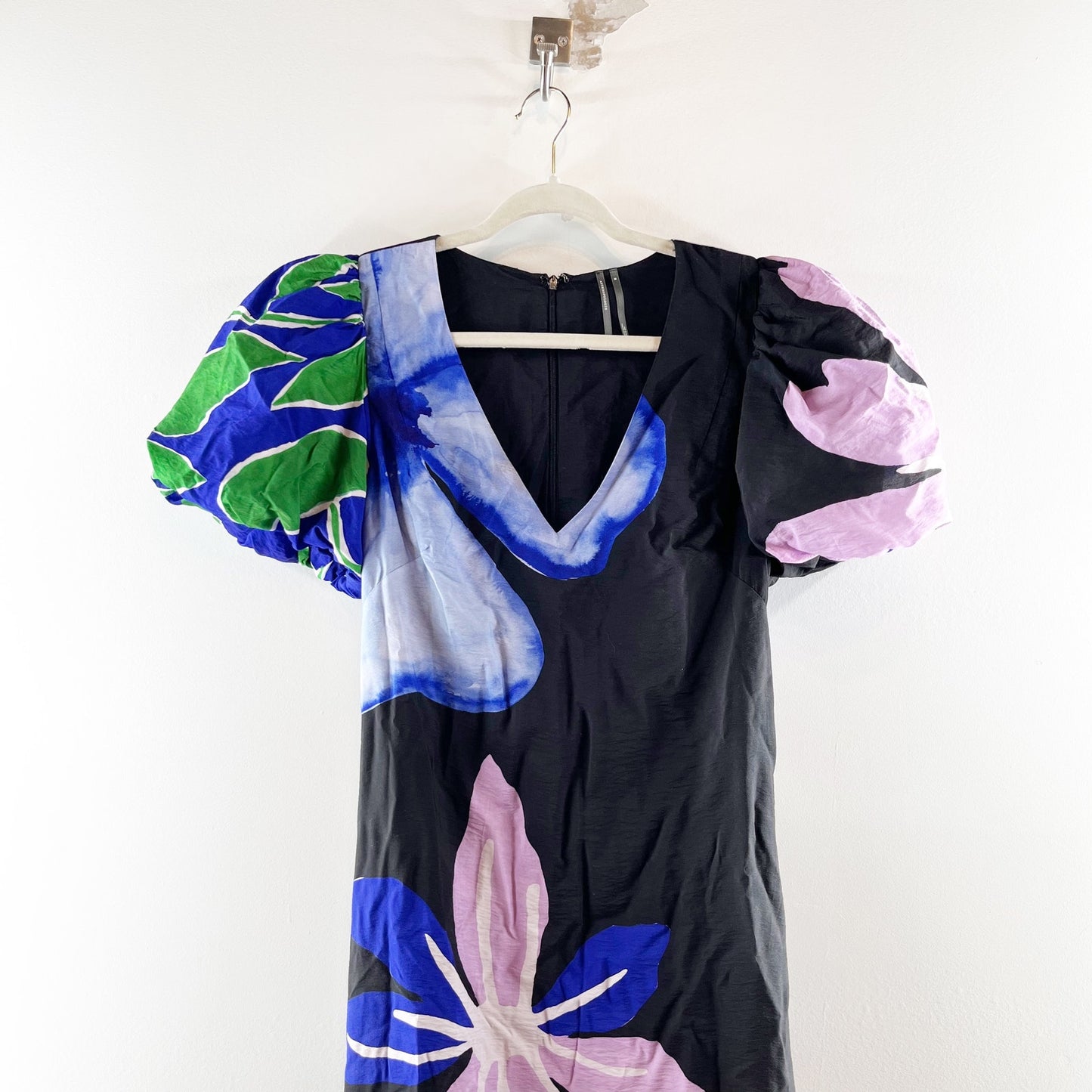 Anthropologie Puff Sleeve Floral A Line Maxi Dress Black Medium