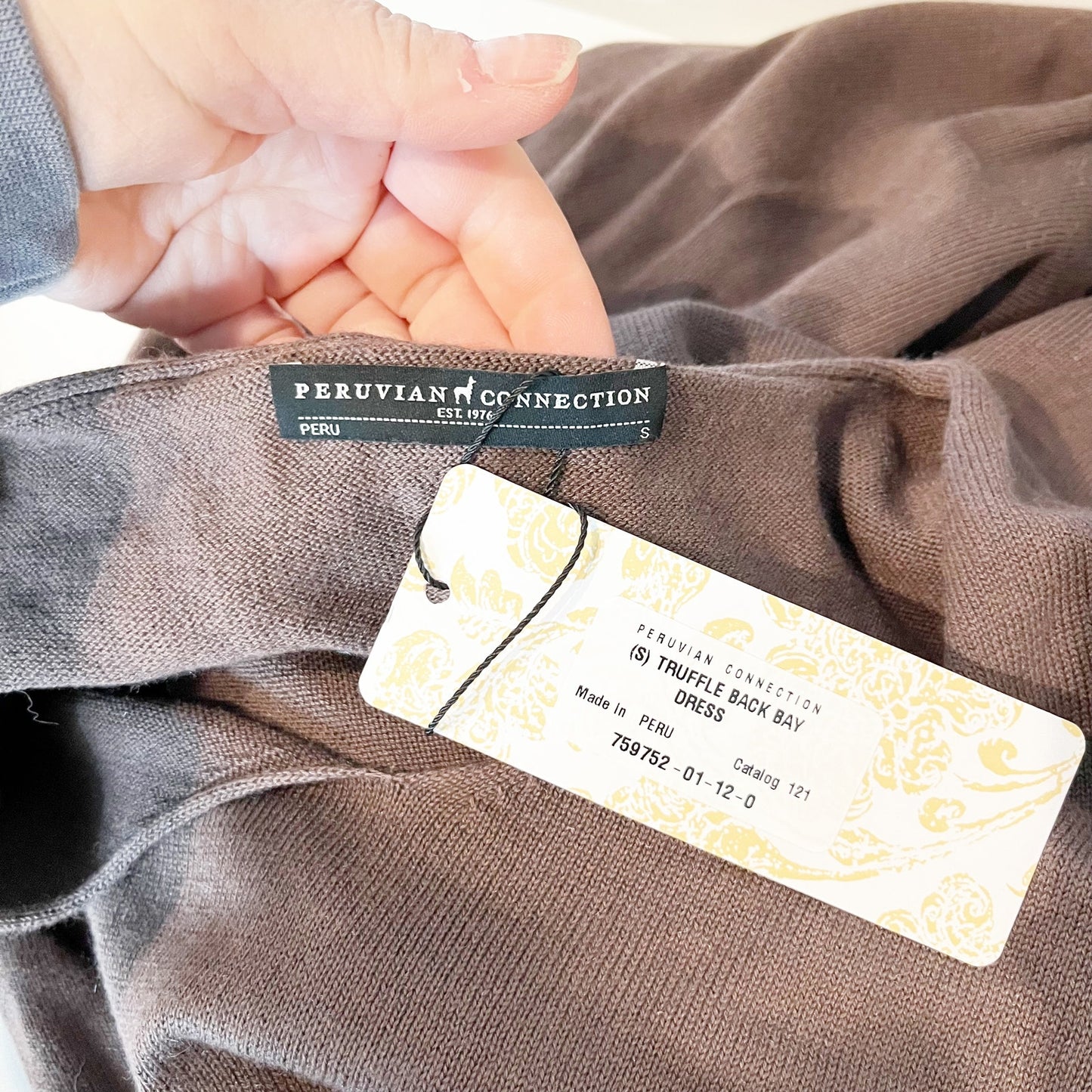 Peruvian Connection Back Bay Wrap Midi Sweater Dress Truffle Brown Small