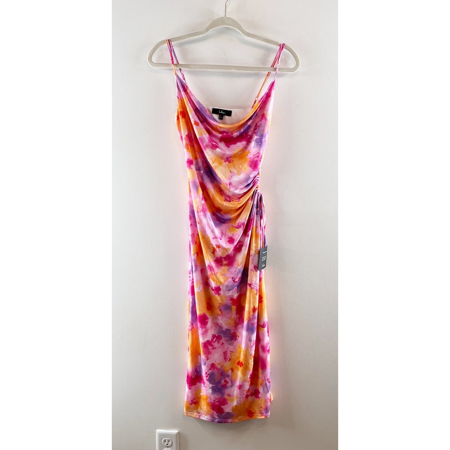 Lulus Vibrant Babe Floral Cutout Drawstring Midi Dress Pink Purple Orange Medium