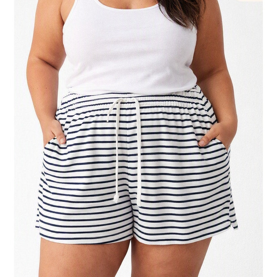 Vineyard Vines Pull On Striped Terry Cotton Shorts White Blue Large
