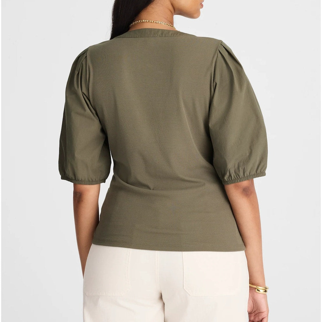 Madewell Cotton Poplin Puff-Sleeve Slim Fit Henley Knit Top Olive Green XS