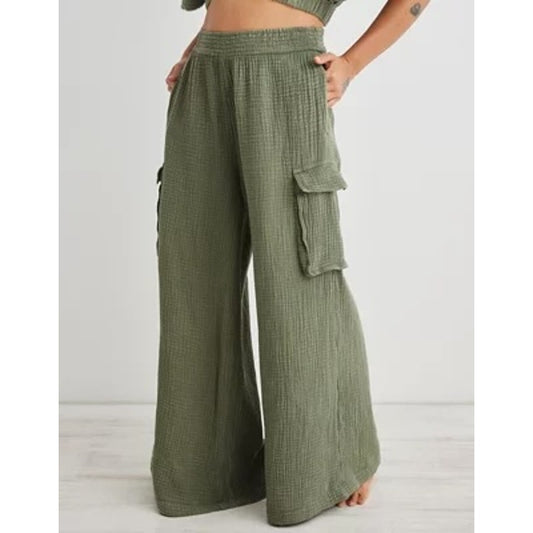 Aerie Pool to Party Gauzy Cotton High Rise Wide Leg Cargo Pants Green Small