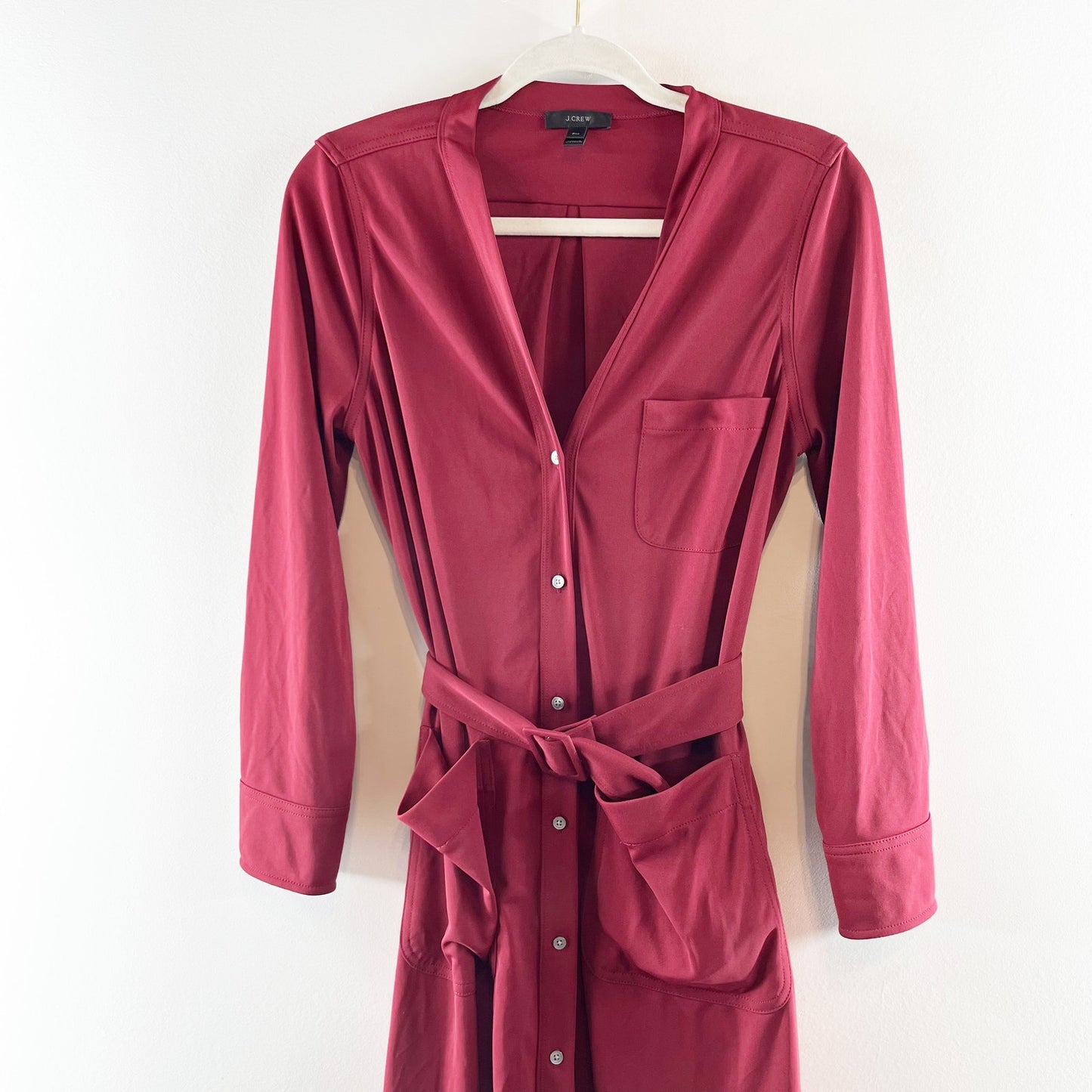 J. Crew Long Sleeve Belted Midi Shirt Dress Maroon Burgundy Red Medium Petite