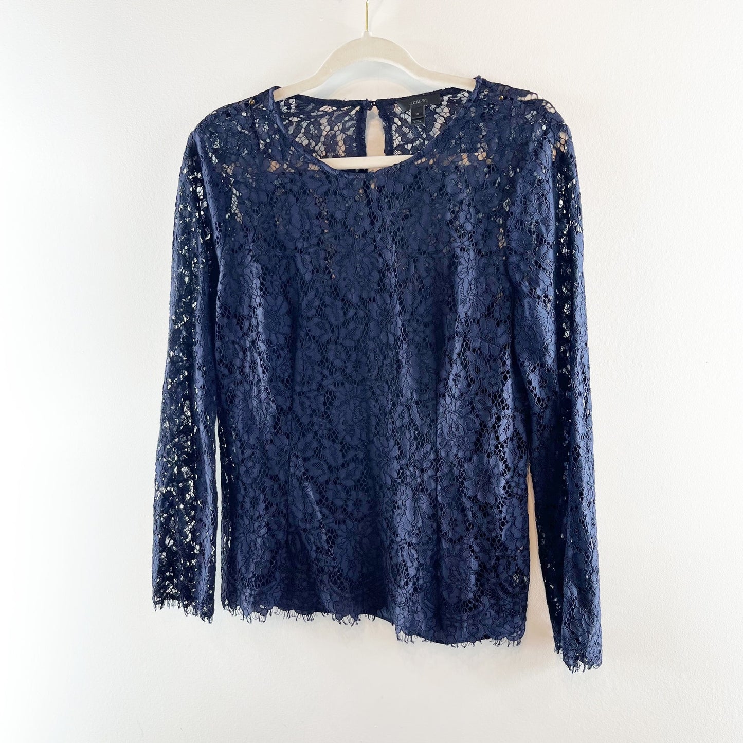 J. Crew Inner Removable Sheer Tank Long Sleeve Frayed Floral Lace Blouse Blue 10