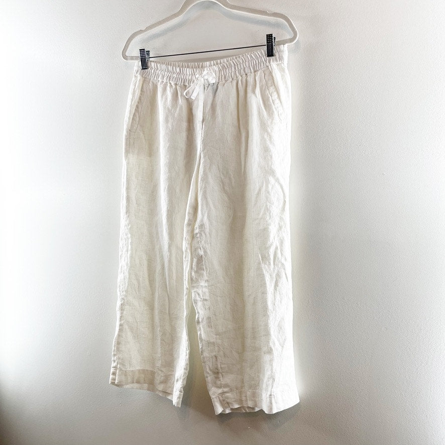 Talbots Washed 100% Linen High Rise Wide Leg Relaxed Cropped Pants White Small