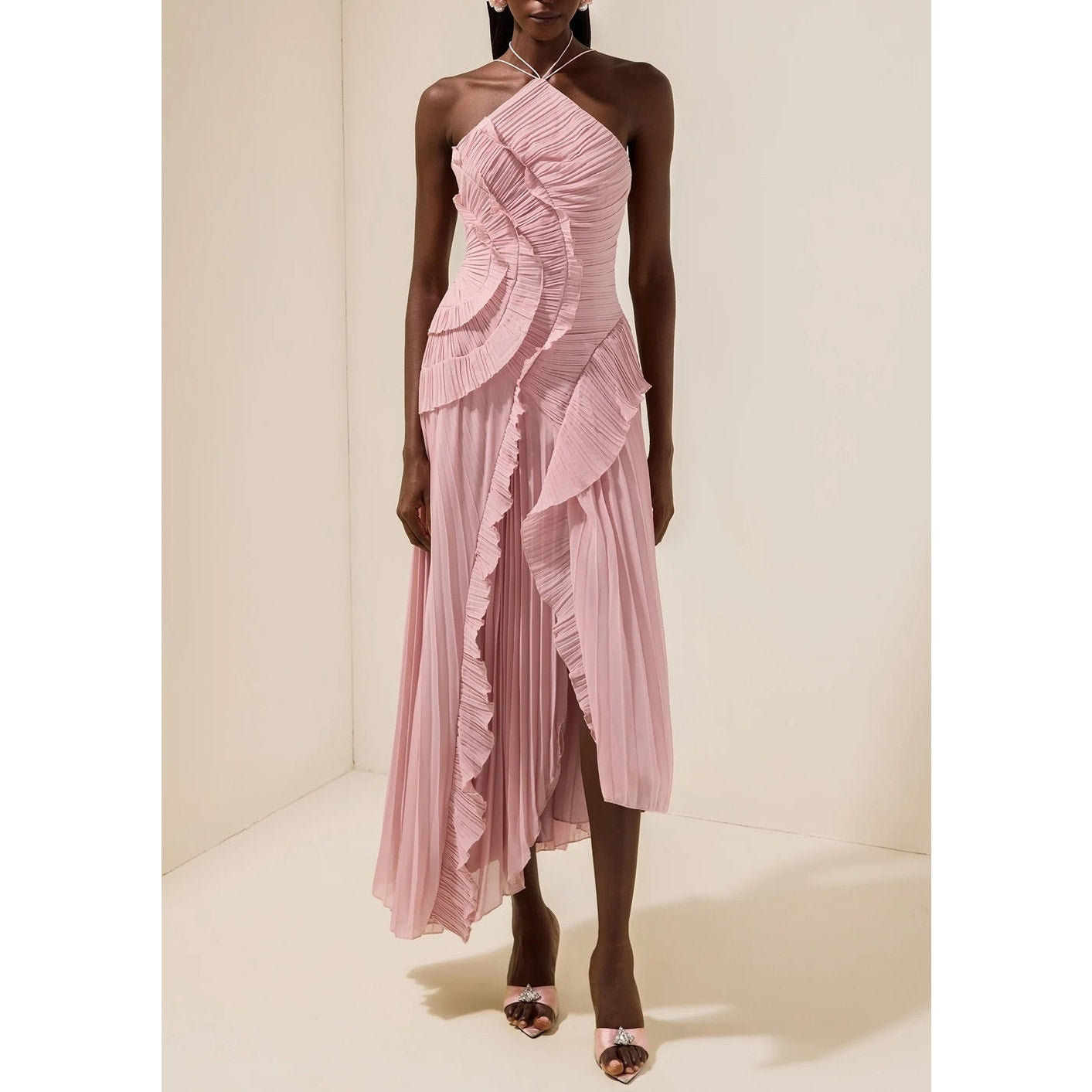 Boutique High Neck Ruffled Pleated Halter Maxi Dress Gown Blush Pink Medium