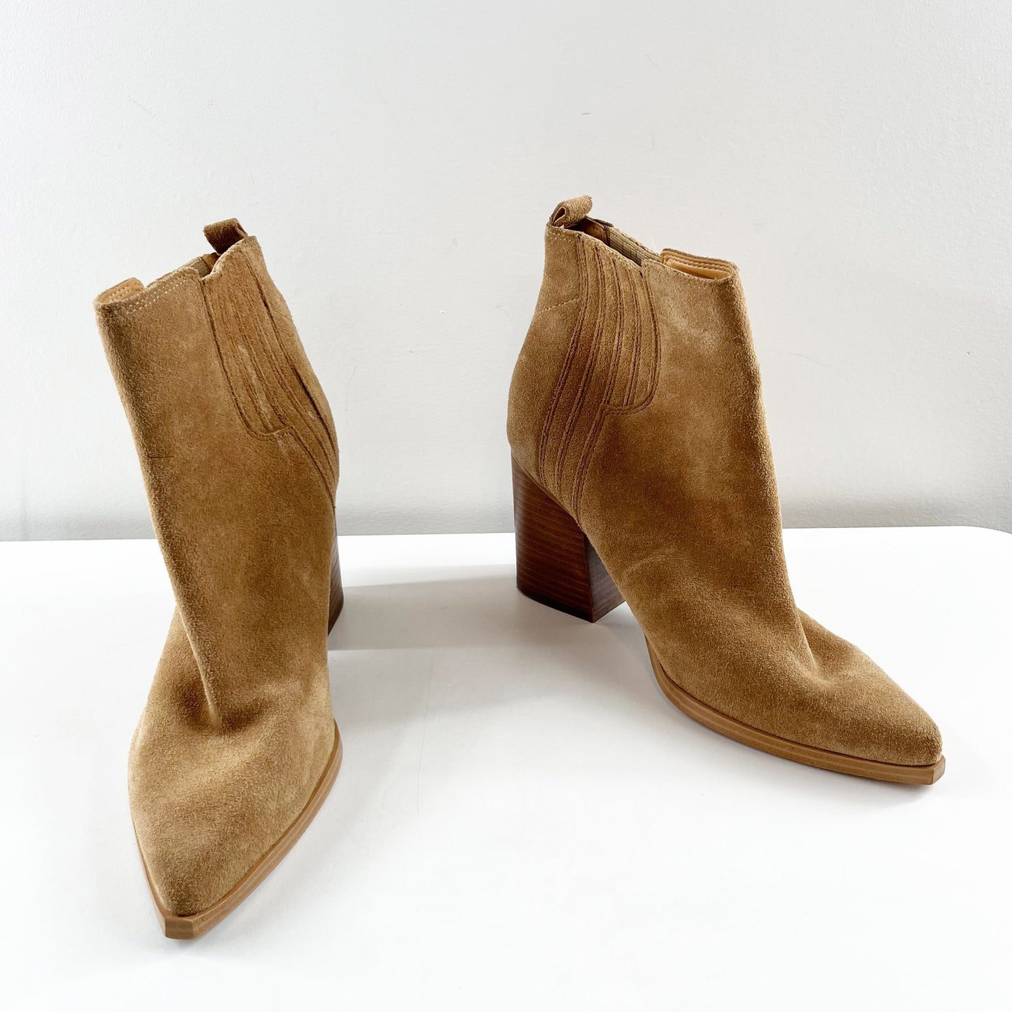 Marc Fisher Loshay Pointed Toe Block Heel Suede Ankle Boots Booties Brown 9