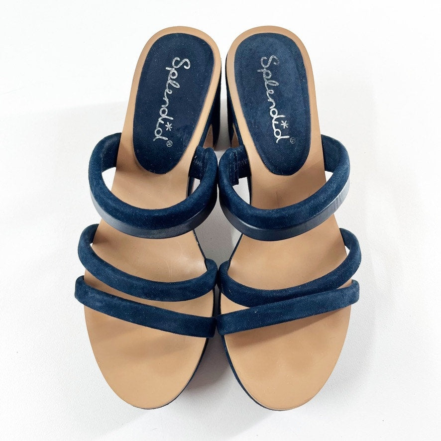 Splendid Ted Strappy Block Heel Cork Sandals Heels Navy Blue 8
