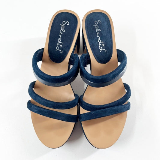 Splendid Ted Strappy Block Heel Cork Sandals Heels Navy Blue 8