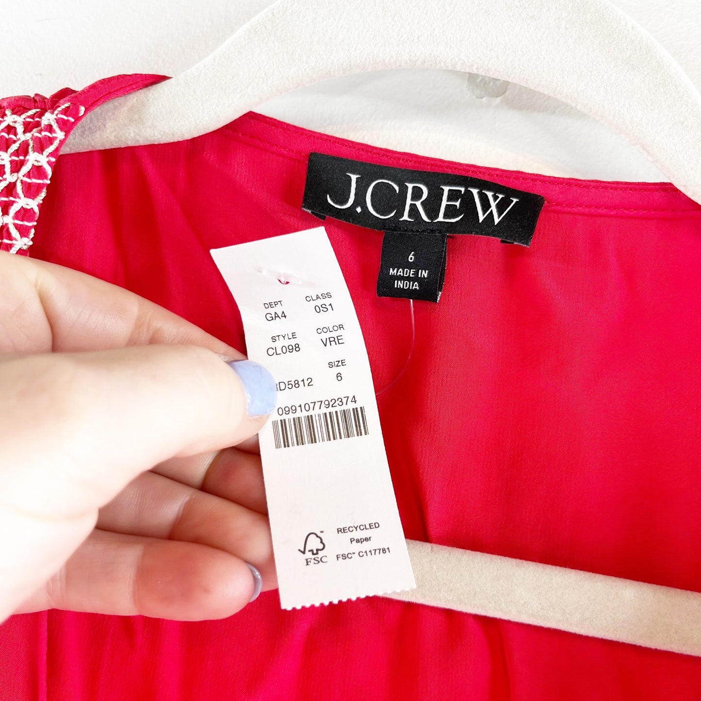 J. Crew Smocked-Trim Short Sleeve Midi Slip Dress in Crepe De Chine Red 6