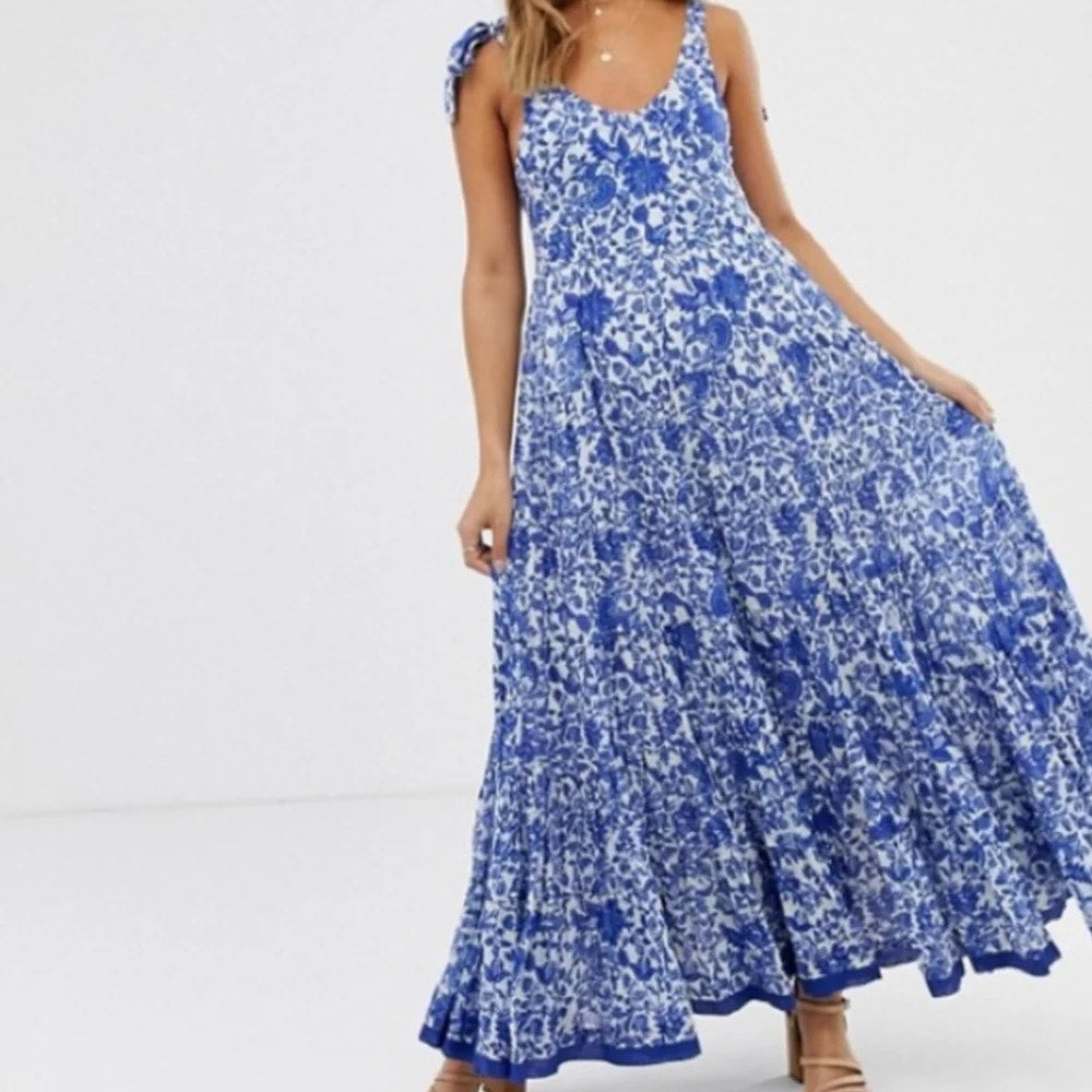 Free People Kikas Tie Shoulder V Neck Flowy Cotton Maxi Dress Blue Small
