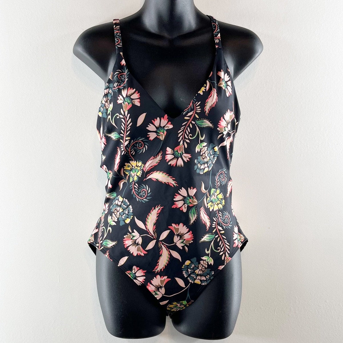 Boden Floral One Piece Low Strappy Back Swimsuit Black 6