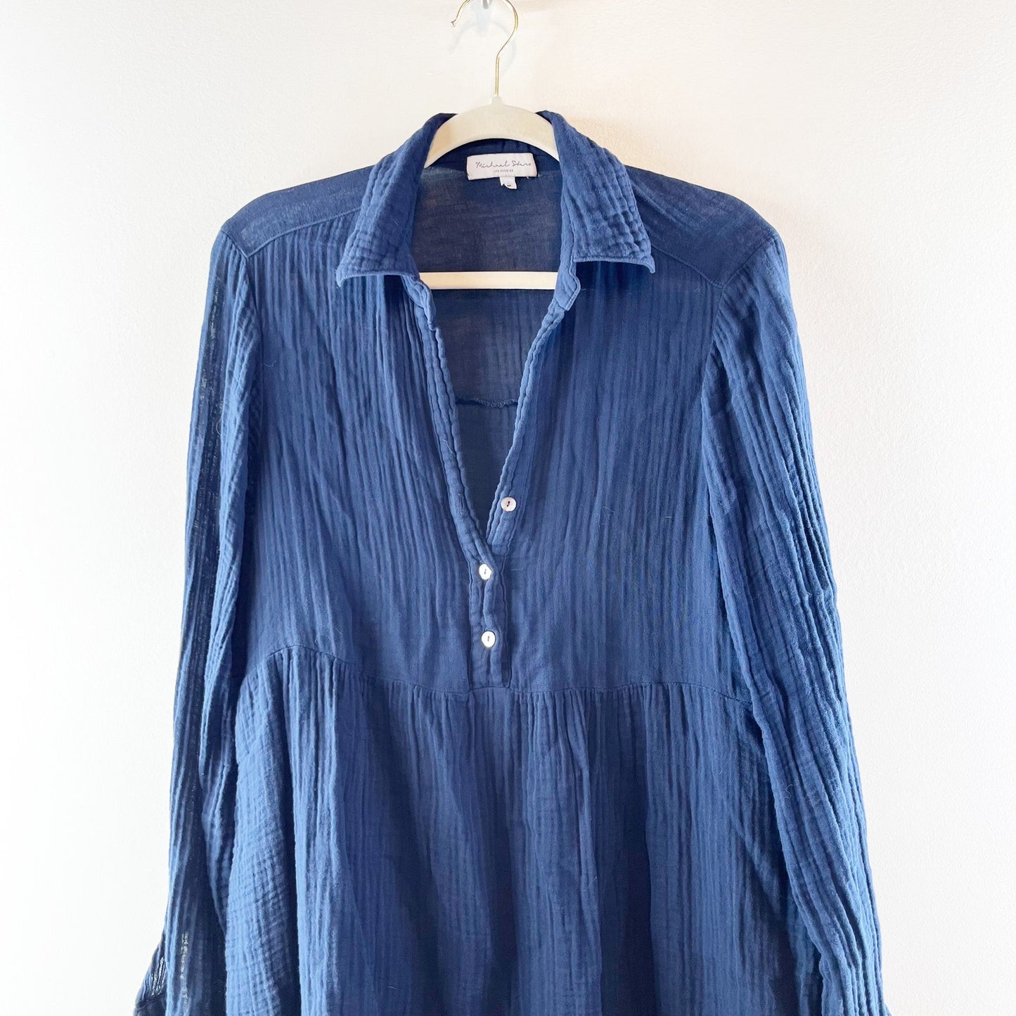 Michael Stars Kimberly Gauze Long Sleeve Mini Shirt Dress Dark Blue Medium