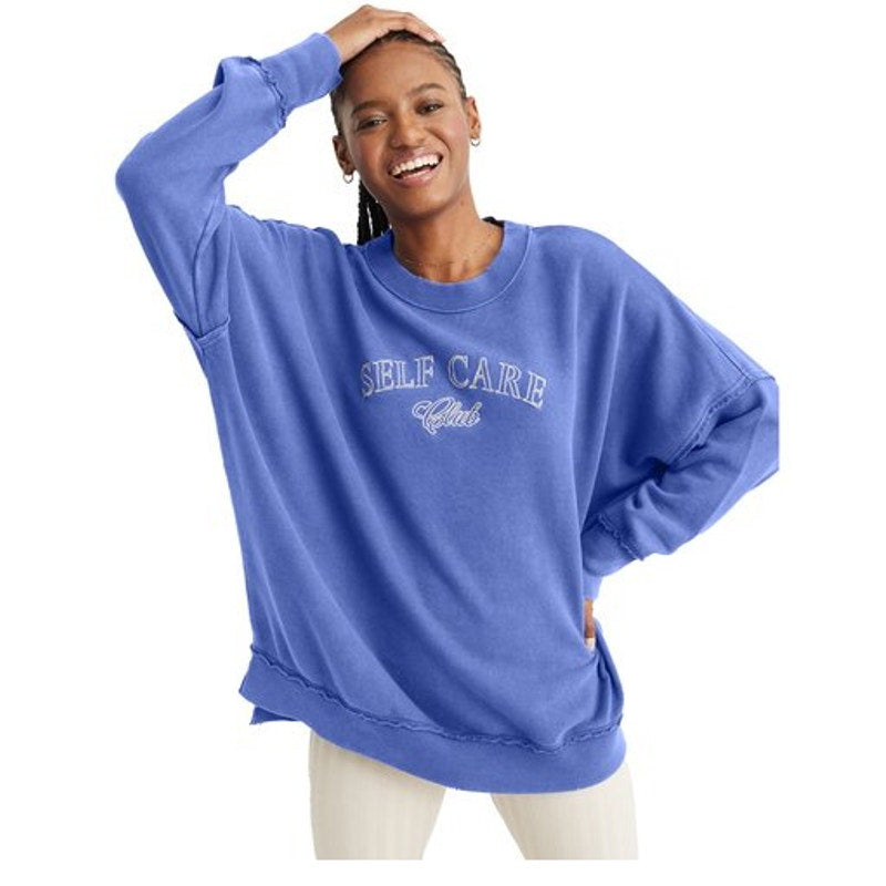 Aerie Self Care Club Oversized Pullover Graphic Sweatshirt Blue Periwinkle XS