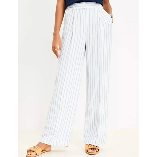 LOFT Peyton Striped Linen High Waisted Wide-Leg Trouser Pants White Blue 16