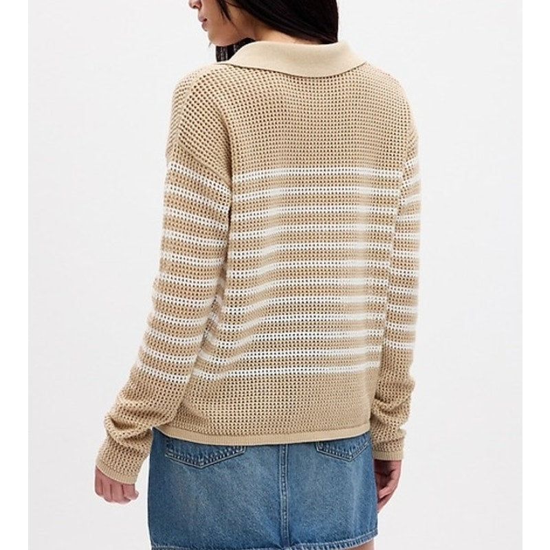 GAP Long Sleeve Crochet Collared Sweater Tan Beige Small