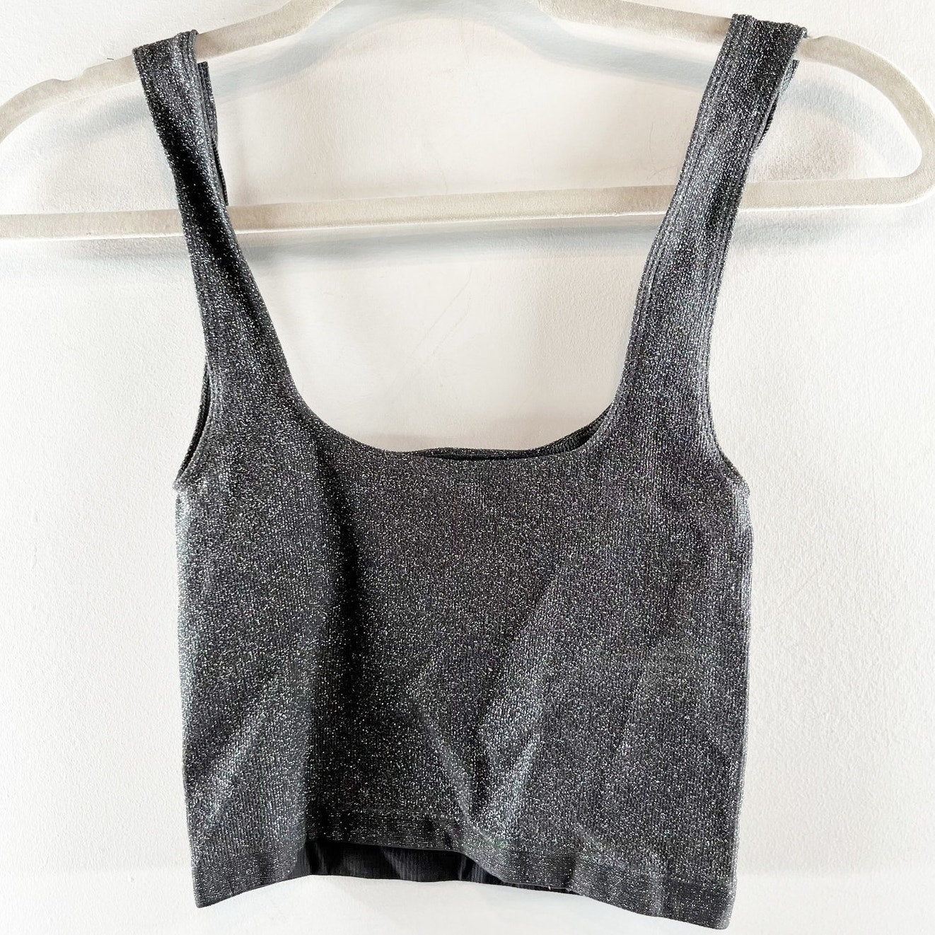 Anthropologie Metallic Shimmer Square Neck Crop Tank Top Silver XXS / XS
