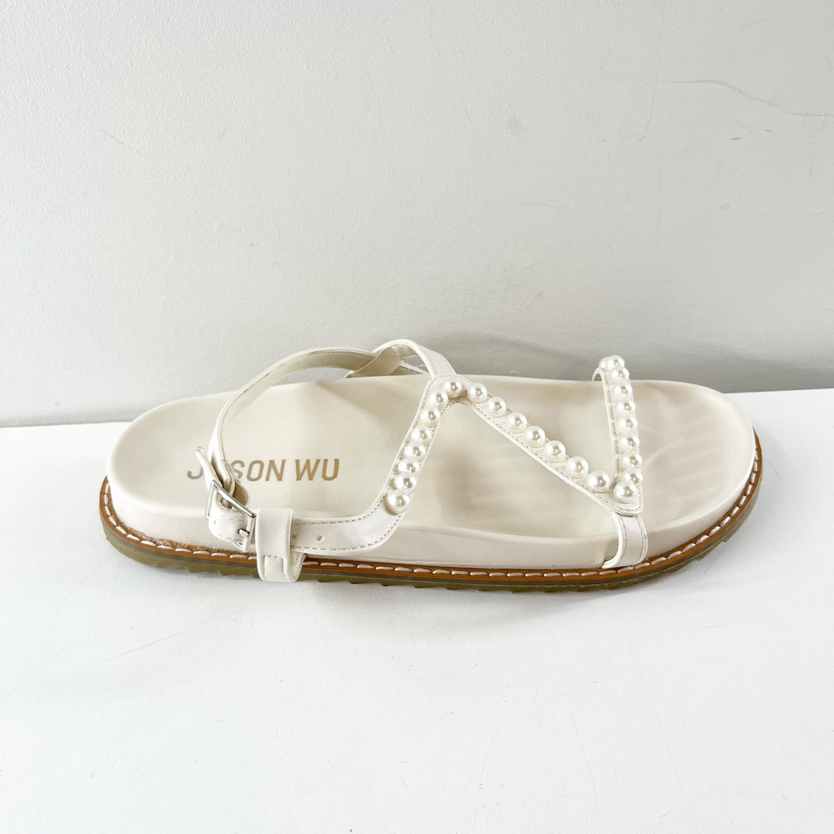 Jason Wu Pearl-Embellished Leather Strappy Flat Slingback Sandals White 8