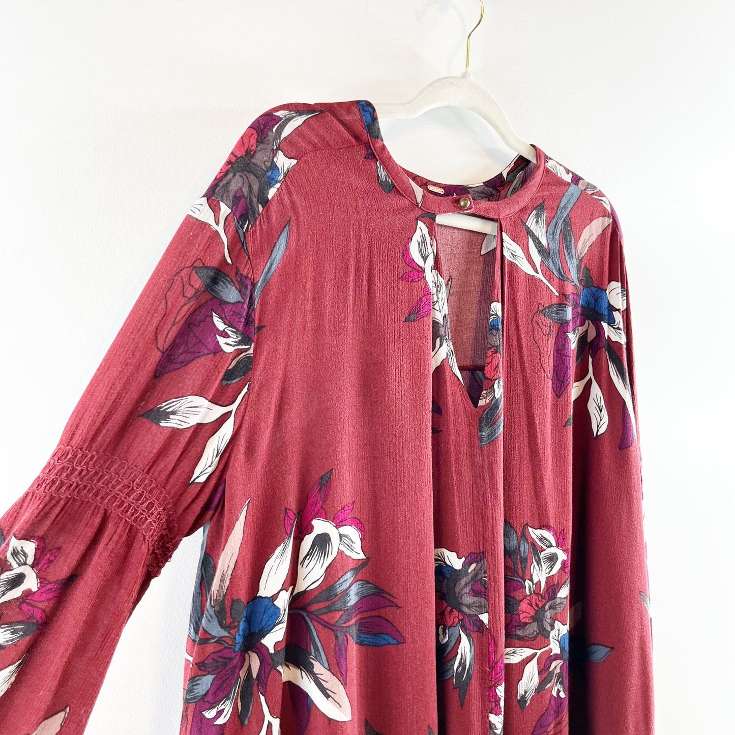 Free People Tree Swing Long Sleeve Floral Tunic Mini Dress Maroon Small