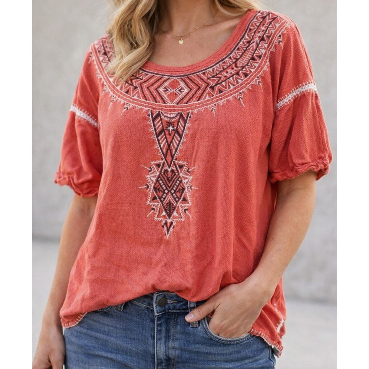 Free People Short Sleeve Cotton Embroidered Southwestern Top Coral Red Large