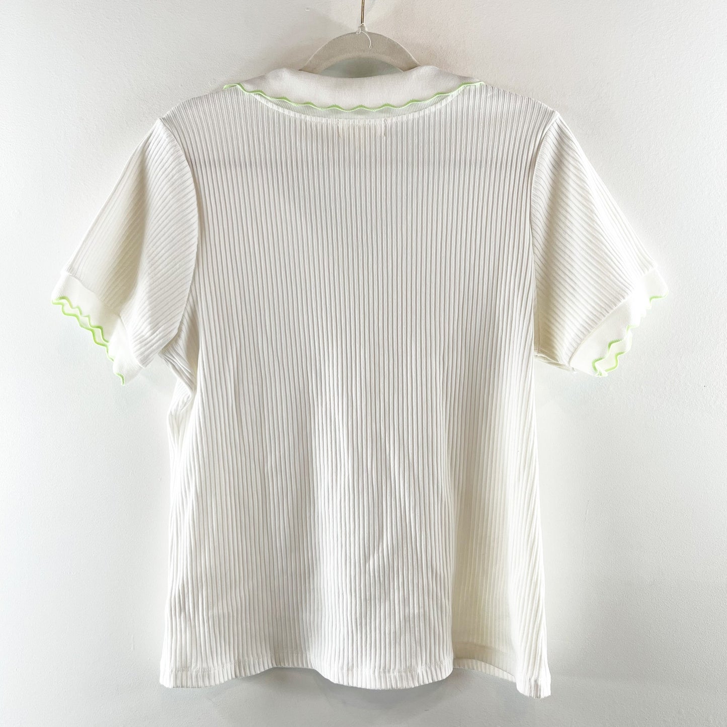Maeve by Anthropologie Scalloped Short Sleeve Collared Polo Tee White Green XL
