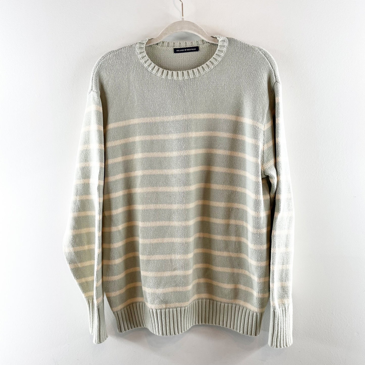 Brandy Melville Crewneck Striped Brianna Cotton Sweater Green One Size - Medium