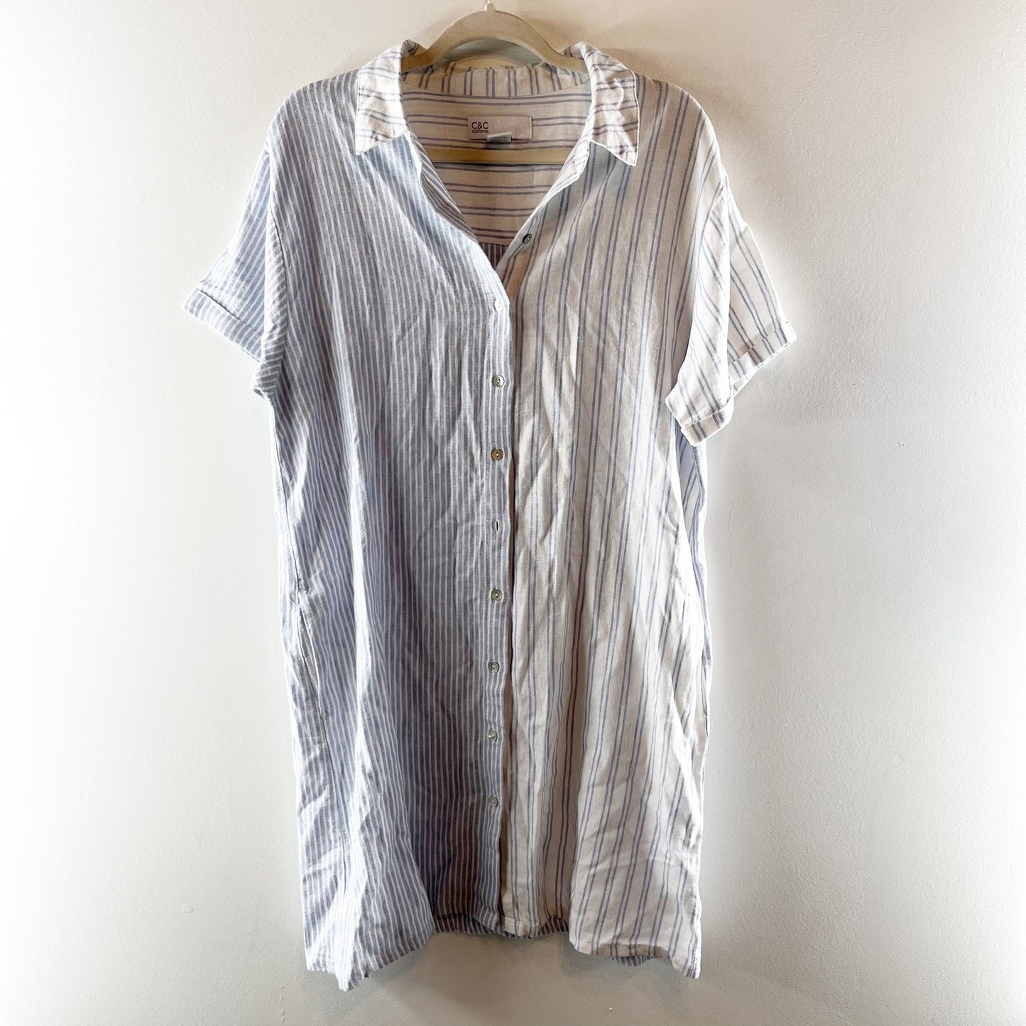 C&C California Striped Short Sleeve Button-Up Mini Shirt Dress White Blue Large
