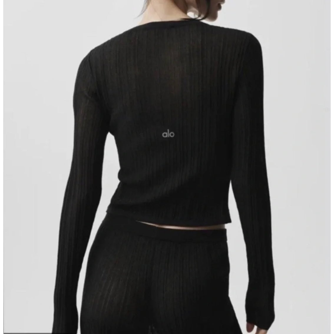 Alo Yoga Sunlit Long Sleeve Buttoned Semi-Sheer Knit Cardigan Sweater Black XS