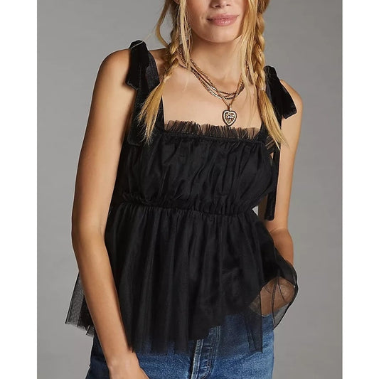 Sunday In Brooklyn Anthropologie Velvet Tie Strap Tulle Peplum Tank Top Black XS