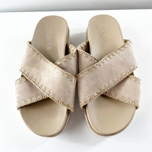 JSlides Boo Platform Whipstitch Crossover Platform Slide Sandals Shoes Sand Tan