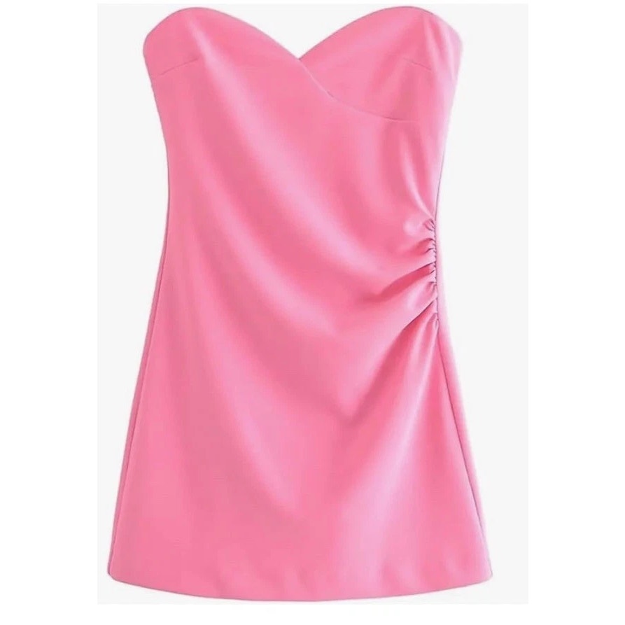 Zara Strapless Sweetheart Neck Ruched Mini Dress Bubble Gum Pink Medium