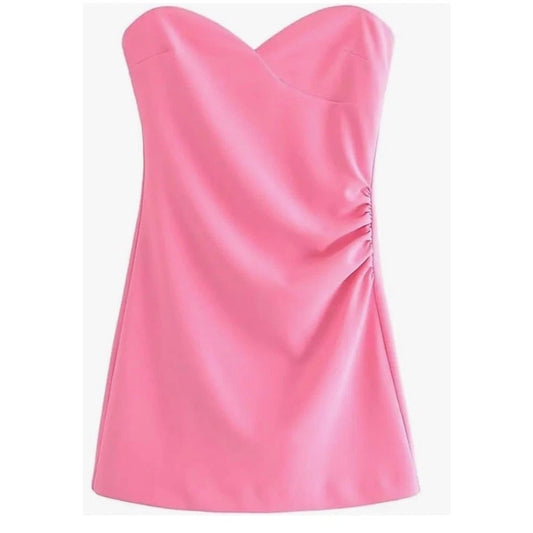 Zara Strapless Sweetheart Neck Ruched Mini Dress Bubble Gum Pink Medium