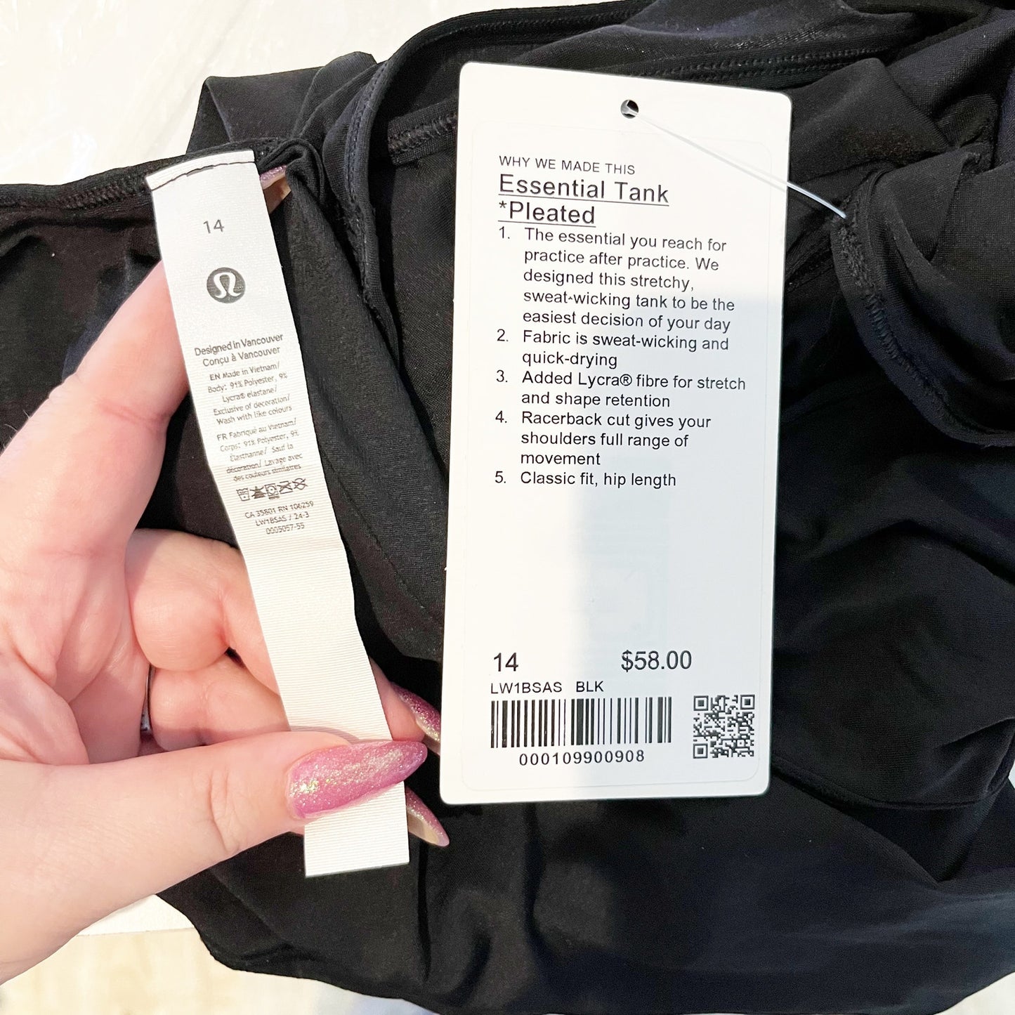 Lululemon Essential Tank Top Pleated Jersey Black 14