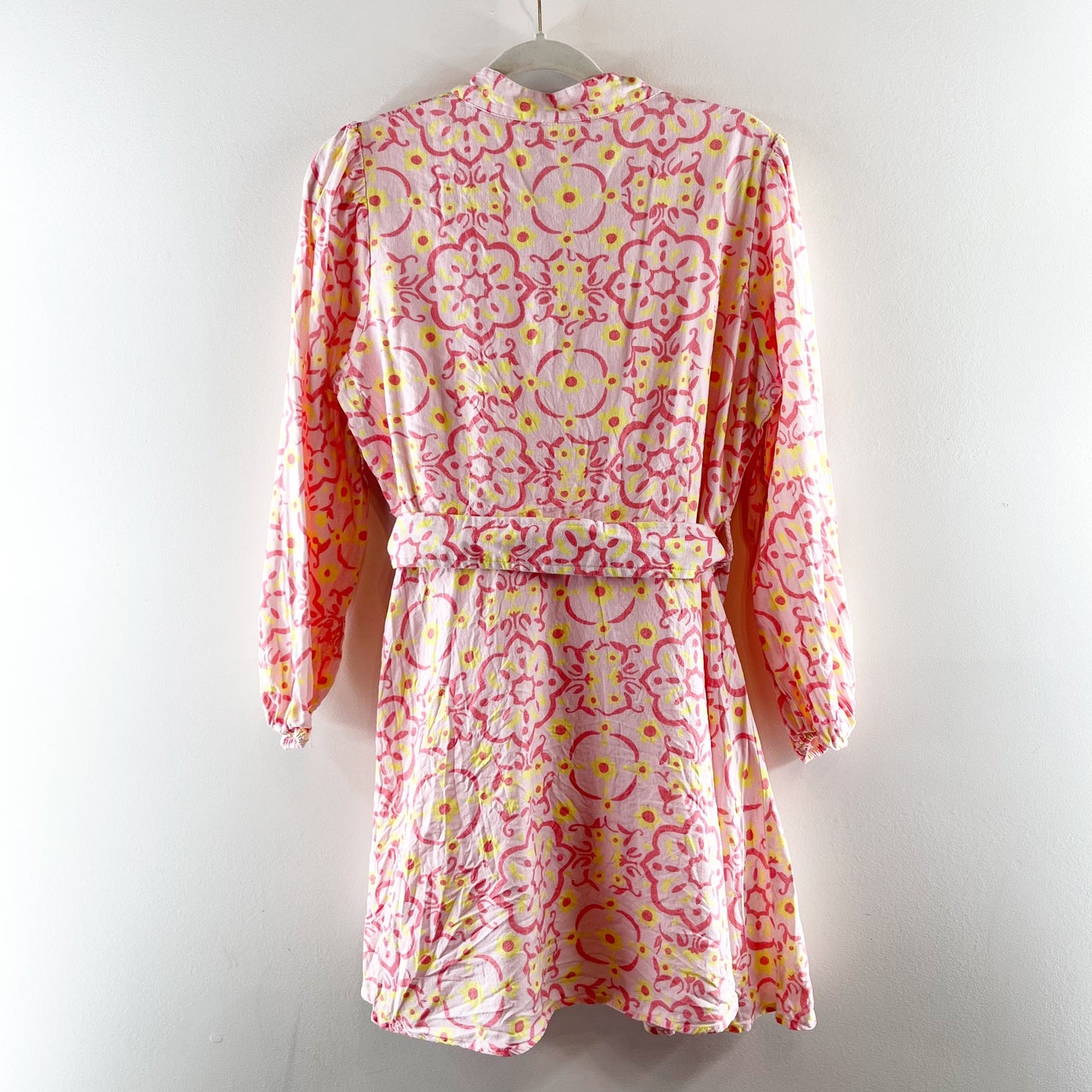 Sail to Sable Long Sleeve Belted Tunic Mini Dress Blush Medallion Print Peach S