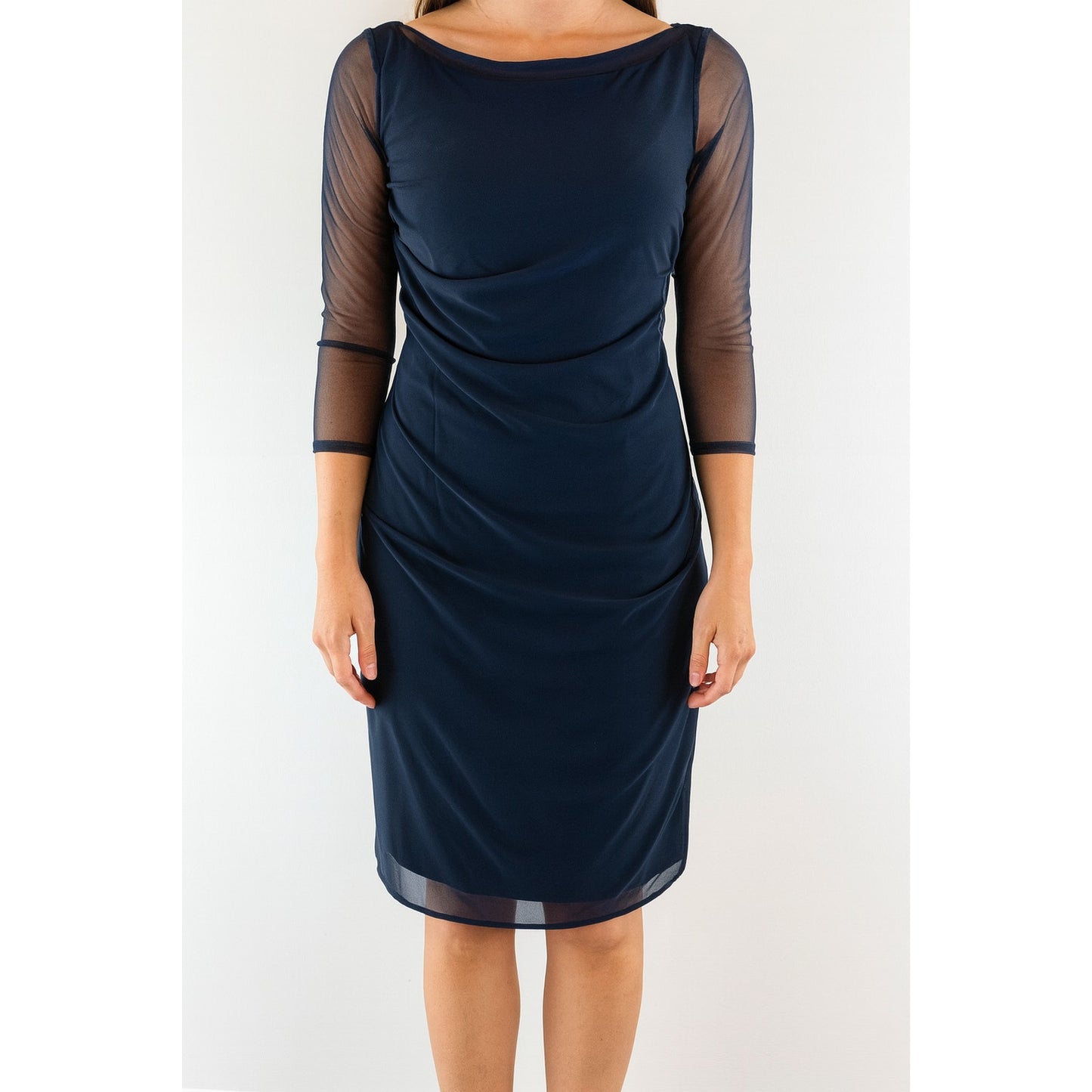 Sara Campbell Ruched Drapey Mesh Sleeve Lined Sheer Overlay Shift Dress Blue 4