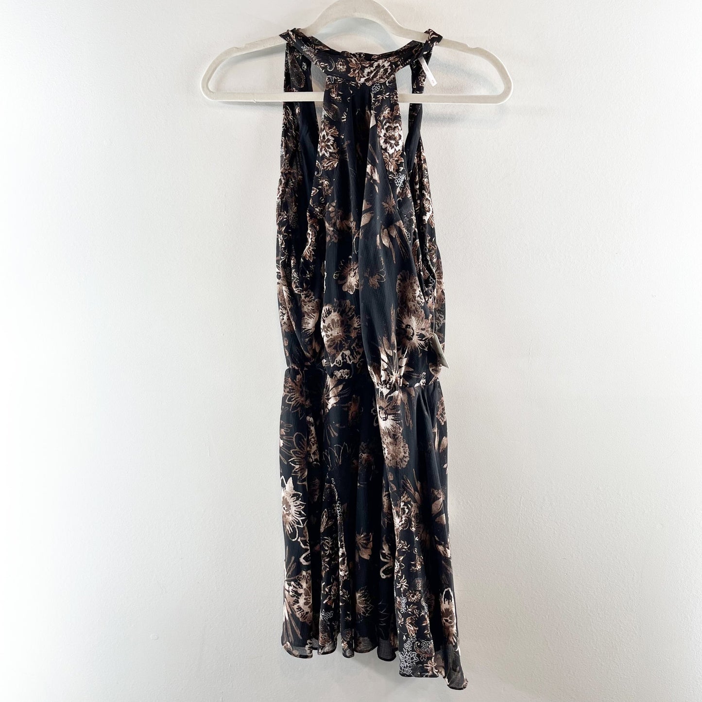 Free People Katerina Halter Tie Sleeveless Floral Mini Dress Black Small