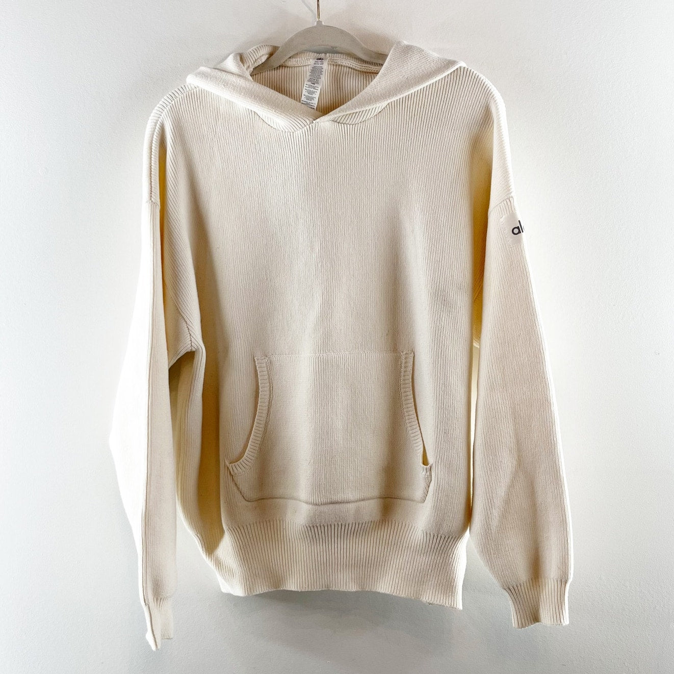 Alo Yoga Scholar Long Sleeve Cozy Knit Pullover Hooded Sweater Ivory Cream XXS