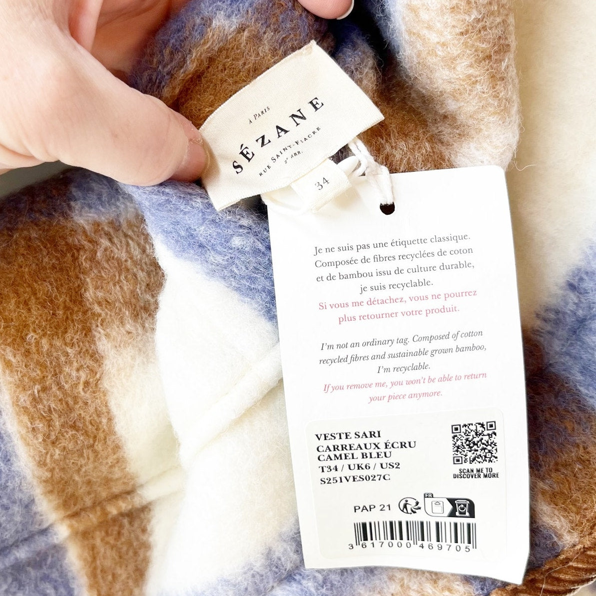 Sezane Veste Sari Laine Carreaux Reversible Sherpa Jacket Écru Camel Bleu 34 / 2